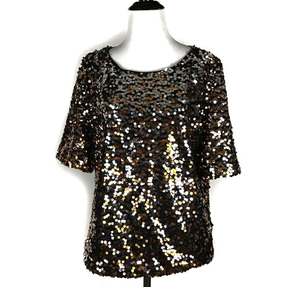 H&M Sequins Silver Copper Black Blouse Top Medium - Picture 1 of 8